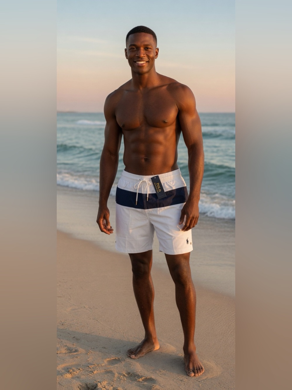 Polo Ralph Lauren White Swim Trunks with Navy Chevron